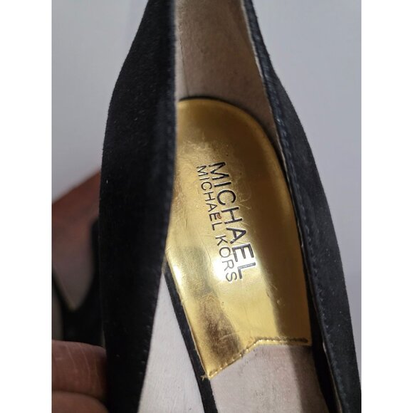 Michael Kors Black Suede Pointed Toe Pump High Heels Gold Accents Size 9.5M - Picture 13 of 13